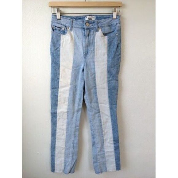 Paige Sz 27 Cindy Patchwork Blue Sky Piercing Jeans Straight Blue White Stretch - Picture 3 of 9